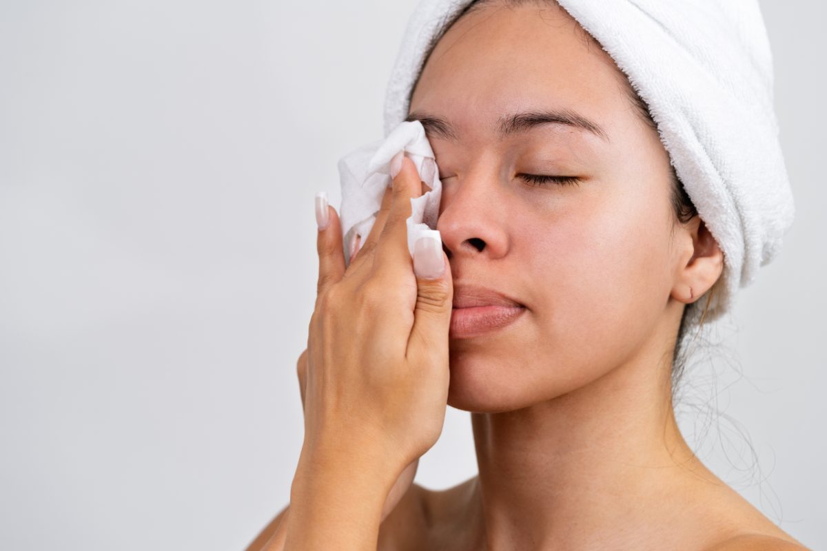 A woman applies a Japanese cleansing oil as part of her double cleanse routine in Tokyo