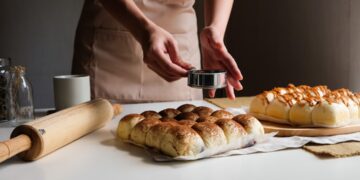 A baker slices a thick loaf of milk bread in a Tokyo bakery, showing its soft and pillowy crumb