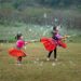 children in yukata join a bon odori circle during Obon week,